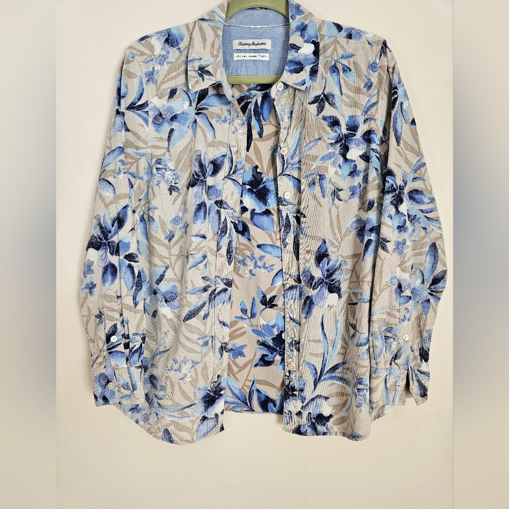 Tommy Bahama Fine Corduroy Button Up Blue Tropical Lightweight 100 Cotton M